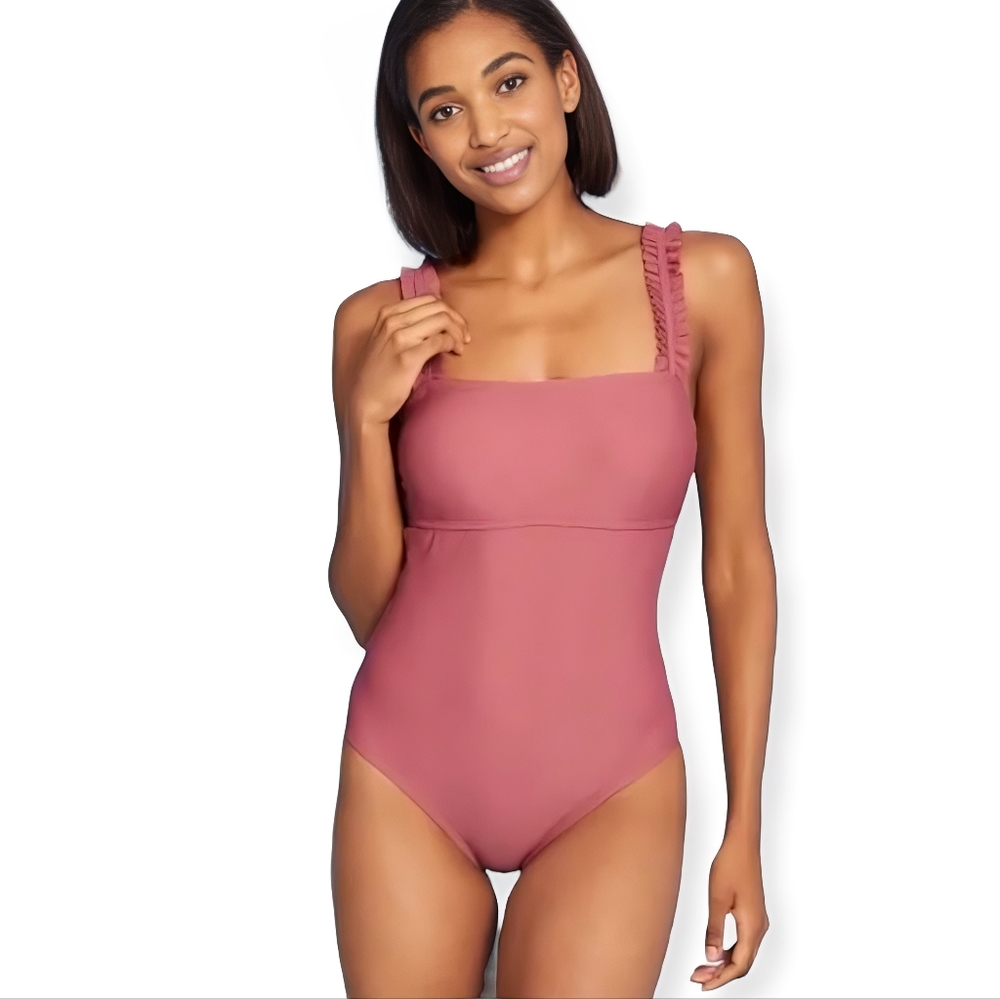 Mauve Square Neck Ruffle Shoulder One Piece Swimsuit